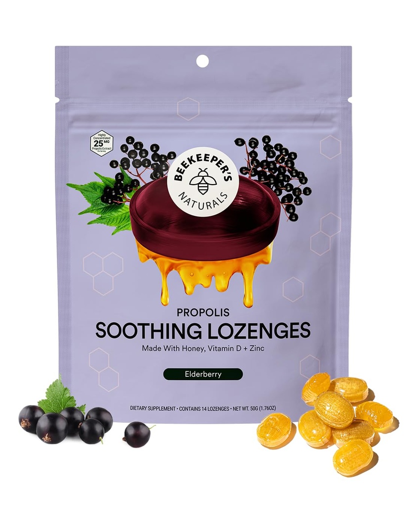 Beekeeper's Naturals Soothing Honey Elderberry Cough Drops Immune Support with Vitamin D, Zinc and Propolis Throat Soothing Lozenges, 14 Ct
