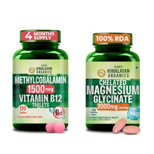 Vlado's Himalayan Organics Vitamin B12 1500mcg Tablets + Chelated Magnesium Glycinate 2000mg Combo | Methylcobalamin B12 & High Absorption Magnesium | Daily Wellness Bundle | 120 Tablets + 120 Veg Tab