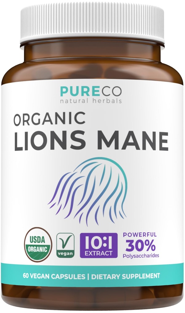 PURE CO Organic Lions Mane Supplement Capsules - USDA Organic Mushroom Supplement Capsules with 1000mg Lion's Mane 10:1 Extract per Serving with 30% Polysaccharides - Vegan & Non-GMO (1 Month Supply)