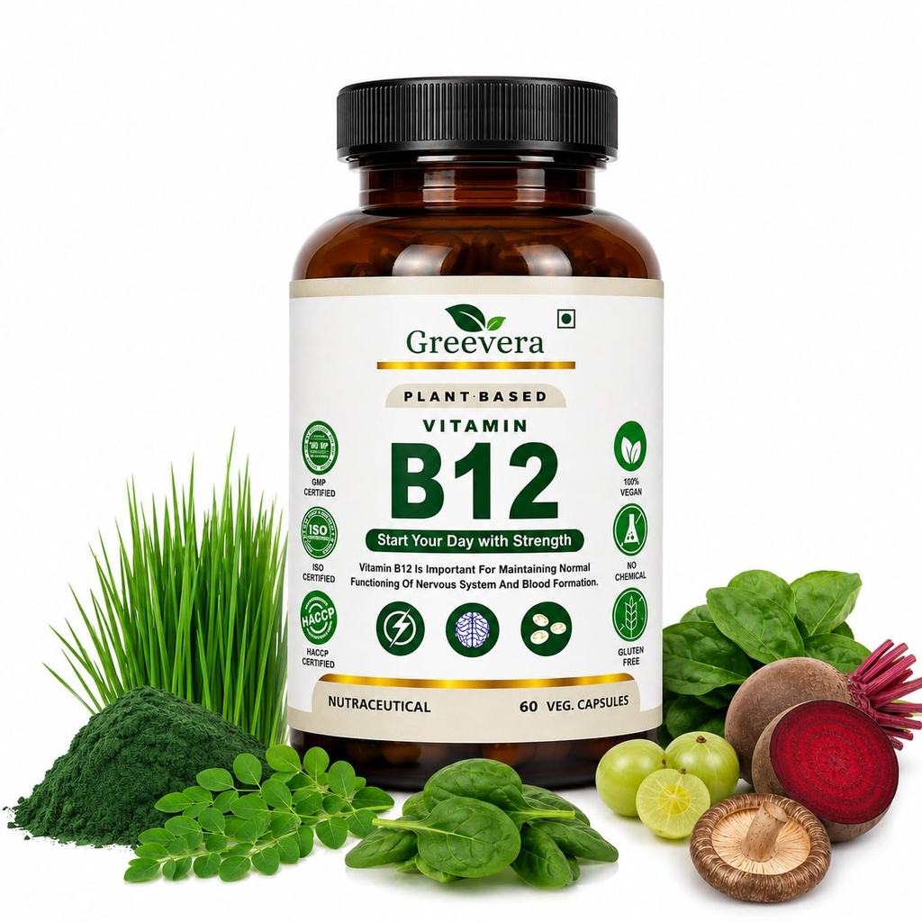 Vitamin B12 Green Superfood Capsule – Natural B12 Support for Energy, Brain Health, and Blood Formation | Plant-Based Daily Nutrition | 100% Vegan & Gluten-Free