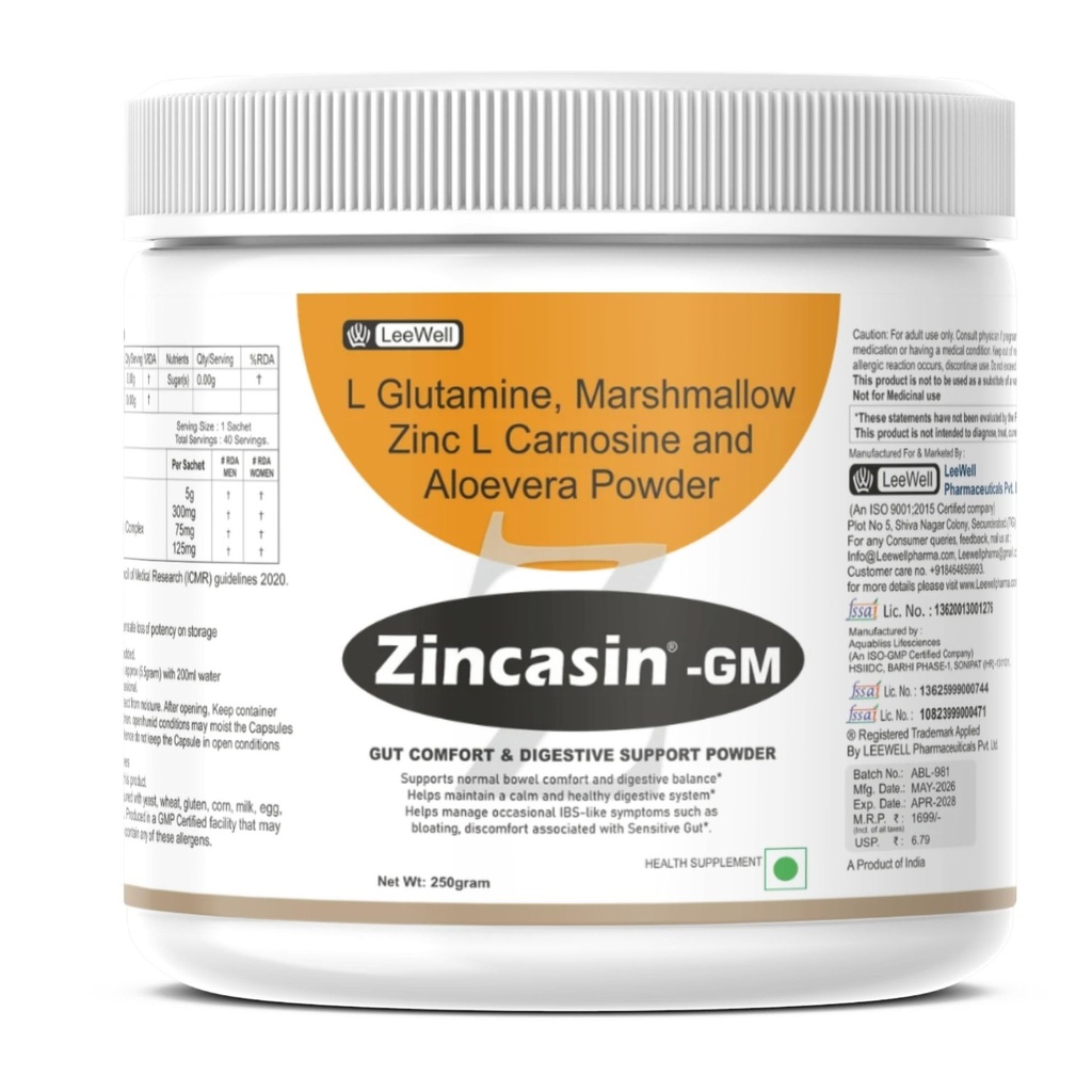 Zincasin -GM (LeeWell) L-GLUTAMINE Pure Powder for Gut health, Zinc carnosine, Aloe Vera, Marshmallow | Gut Lining Repair Support | Support Gut Permeability, Leaky Gut, Intestine Lining, Ulcer Health - 250g Powder