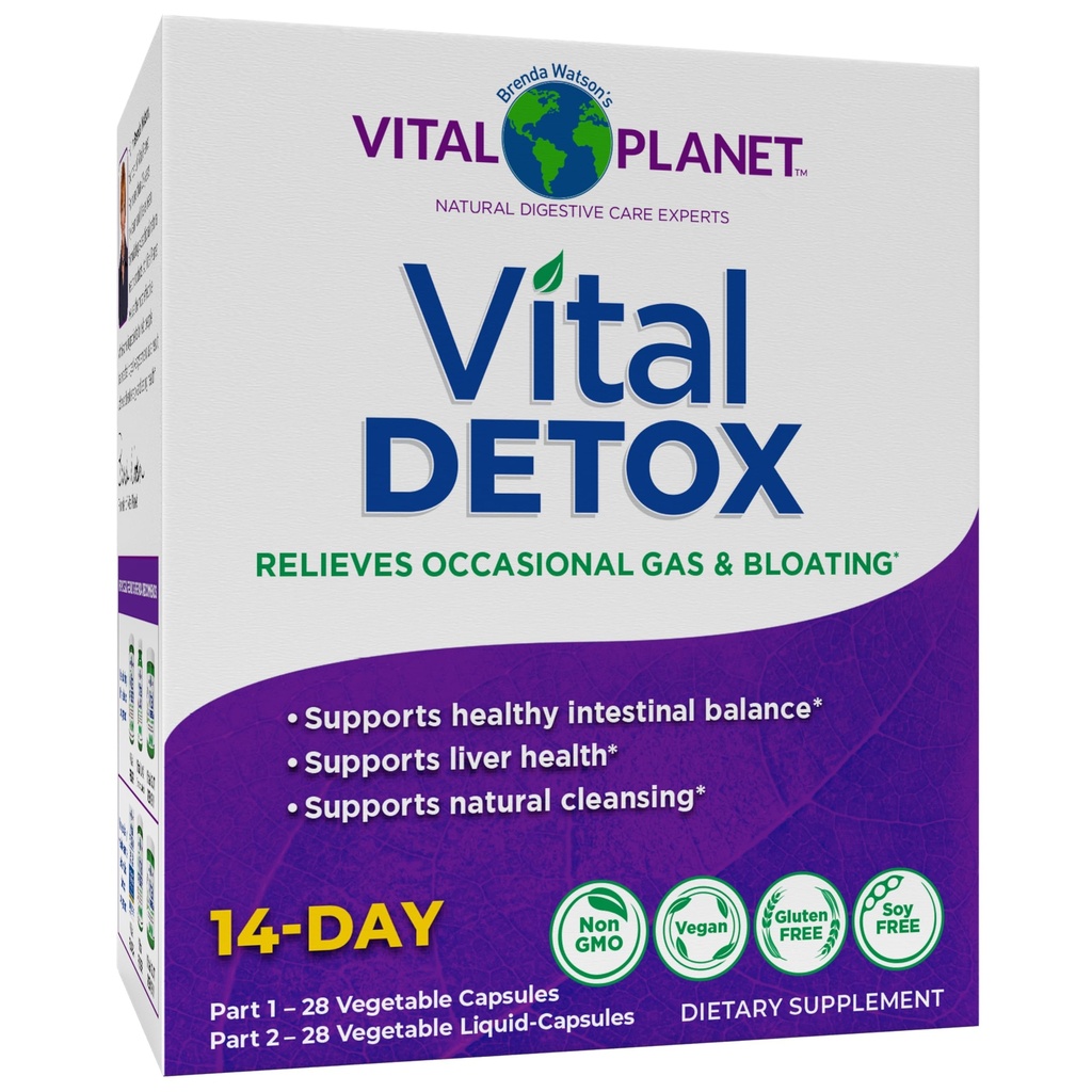 Vital Planet - Vital Detox with Milk Thistle, Quercetin, Alpha Lipoic Acid, Choline, and Herbs, for Occasional Gas and Bloating, Supports Healthy Intestinal Balance, 2-Part 14 Day Kit, 56 Capsules