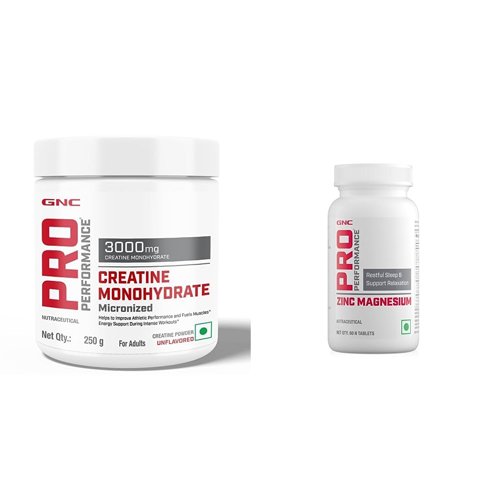 GNC Pro Performance Creatine Monohydrate, (Unflavoured, 250 gm Powder) &Zinc Magnesium Amino (ZMA) Complex - For Restful Sleep & Relaxation - 60 Tablets (Pack of 1), 250 Grams