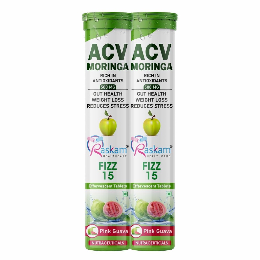 Apple Cider Vinegar Moringa Fizz Tablets 500mg – Pink Guava, Antioxidant & Immunity Booster, No Added Sugar – 15 Effervescent Tabs (Pack of 2)