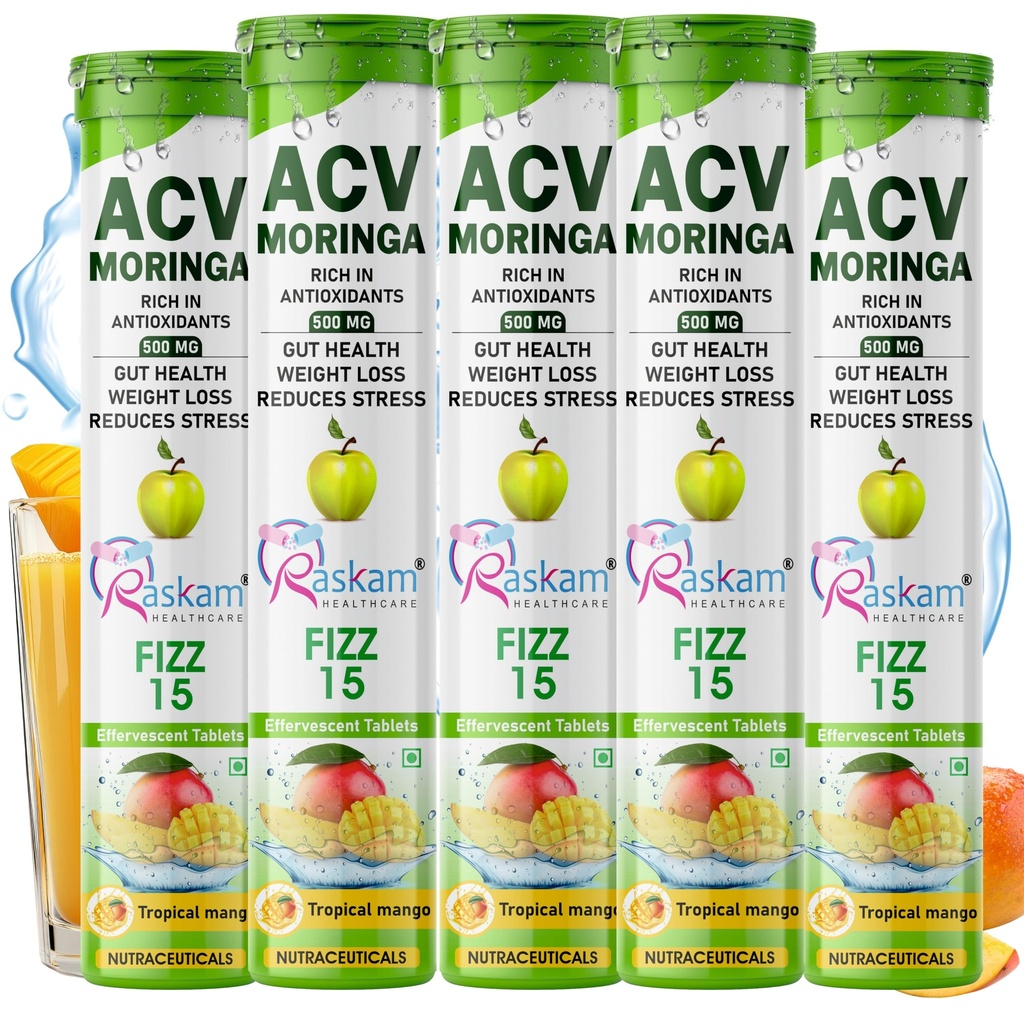 ACV Moringa Antioxidant Effervescent Tablets 500mg – Tropical Mango Flavor, Immunity & Energy Support – 15 Fizz Tabs (Pack of 5)