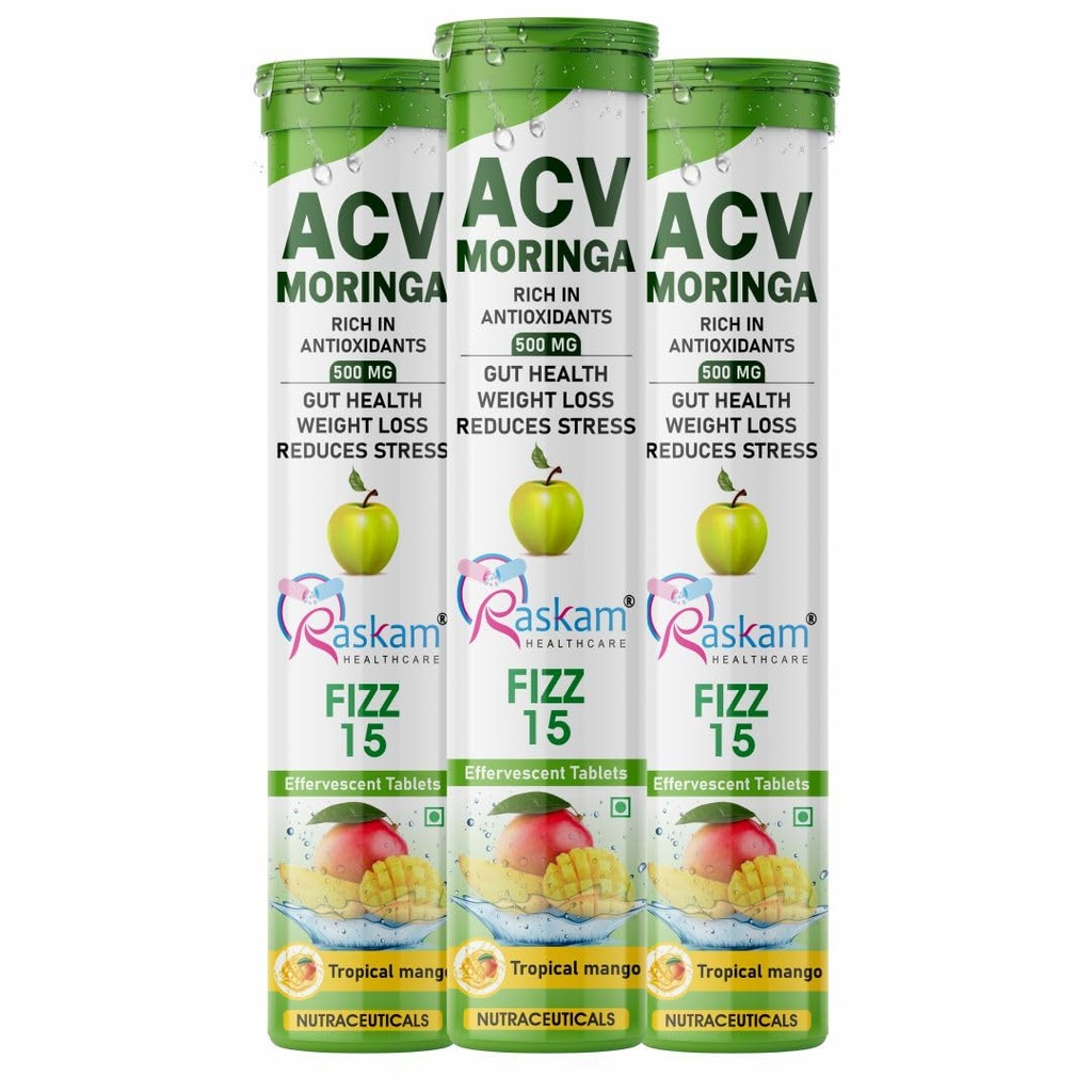 Apple Cider Vinegar Moringa Fizz Tablets 500mg – Tropical Mango Flavor, No Added Sugar, Supports Gut Health & Immunity – 15 Effervescent Tabs (Pack of 3)