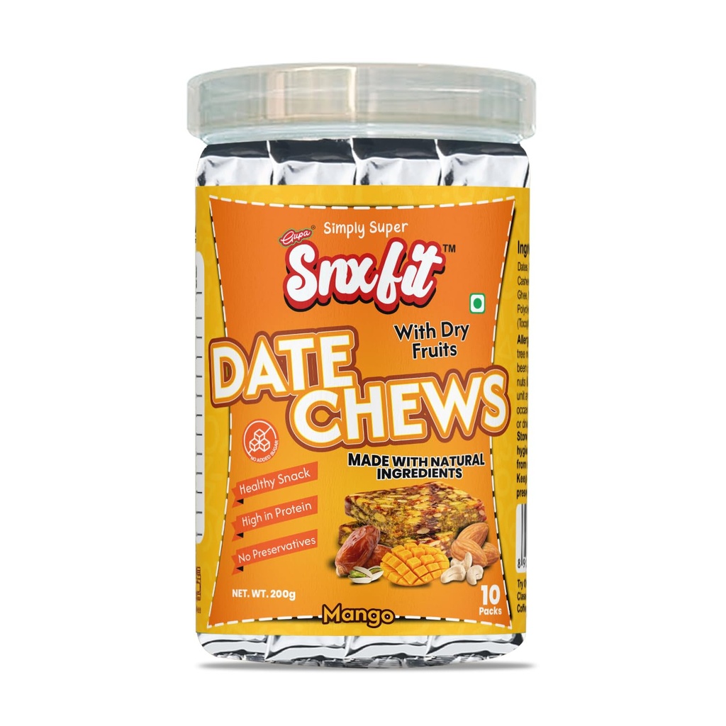 Snxfit Mango Date Chews with Dry Fruits, High in Protein, No Preservatives, 200g, 10 Packs