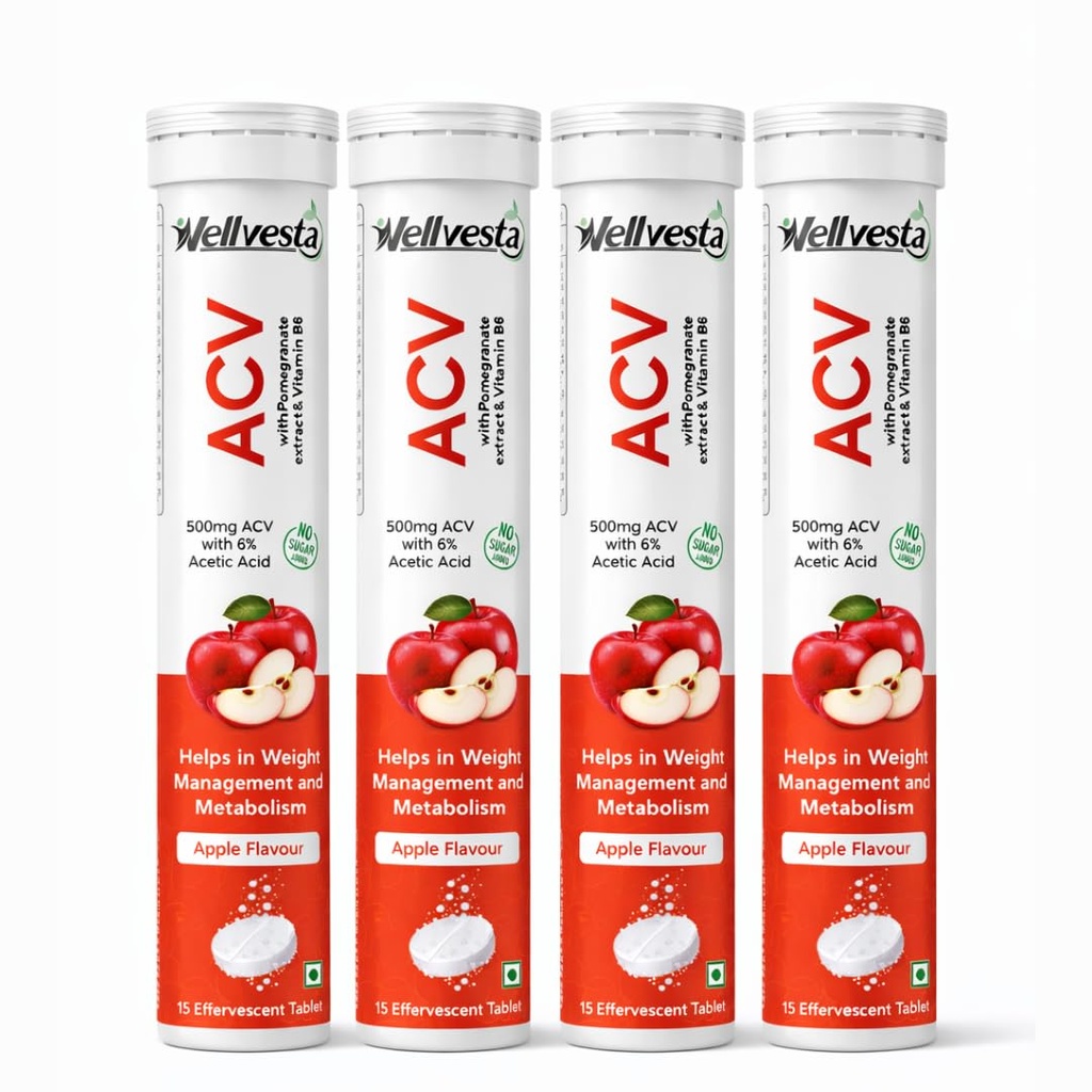 ACV | Control Cravings I Apple Cider Vinegar, pomegranate extract I No Maltodextrin & No Added Sugar I 15 Effervescent Tablets - Apple, Pack of 4 (60 tablets).