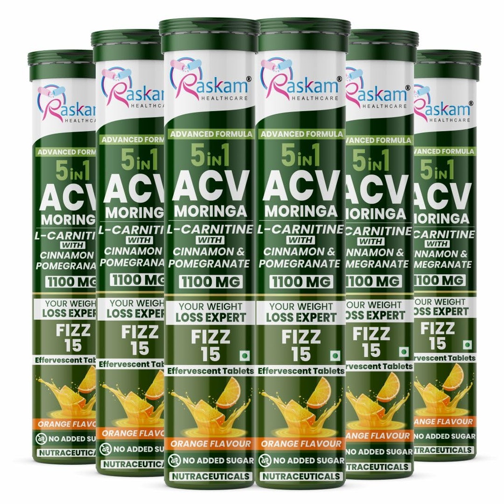 ACV Moringa 5 in 1 formula Effervescent Tablets | 15 Tablets, Pack Of 6 | With L-Carnitine Pomegranate & Cinnamon | Supports Fat Burn | Weight Loss Drink for Women, Men