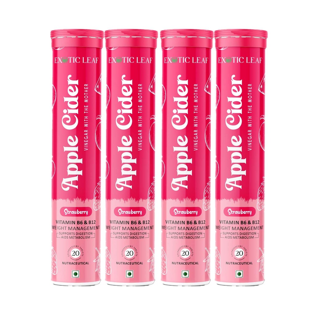 Apple Cider Vinegar Effervescent Tablets with Strawberry Flavour | With the Mother | Supports Detox, Digestion & Weight Management – 20 Tablets Pack of 4