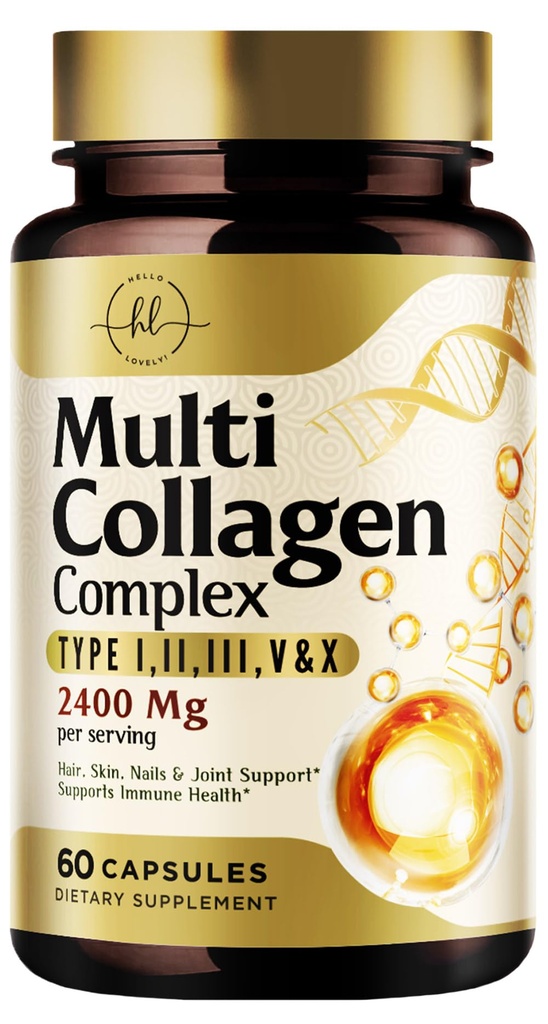 Multi Collagen Peptides for Women & Men - 2400mg per Serving - Best Hydrolyzed Collagen Complex with Type I, II, III, V, X - Hair, Skin, Nails & Joint Support Supplement - Bottled USA - 60 Capsules