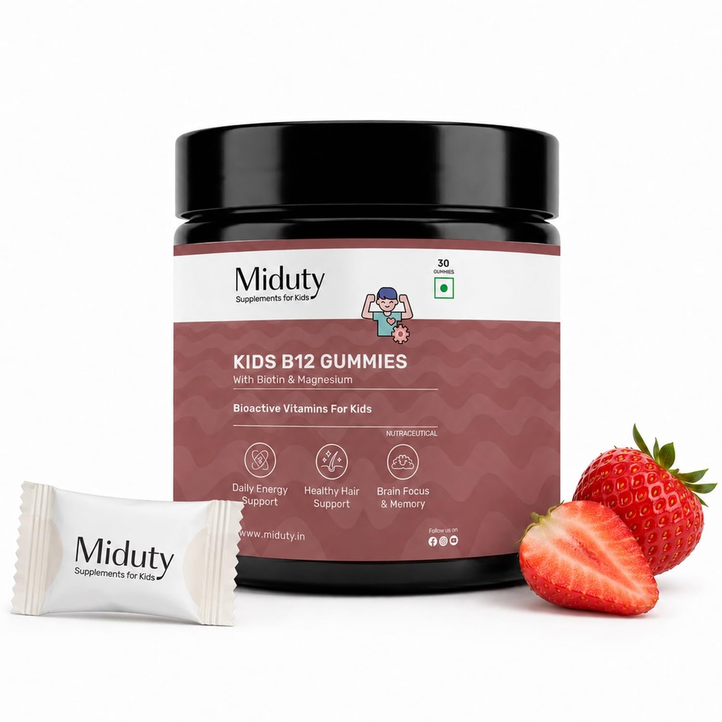Miduty Kids B12 Gummies | Methylcobalamin with Choline, Magnesium & L-Theanine for Daily Energy, Brain Focus, Learning & Calm Focus | Biotin for Hair Support | No Added Sugar | Natural Strawberry Flavor | 30 Gummies