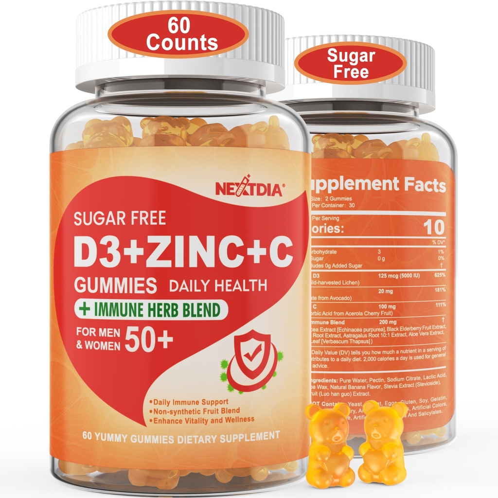 Sugar Free Vitamin C + D3 + Zinc Gummies for Adults 50 +, 9 in 1 Immune Defense Supplement with D3 5000IU, Elderberry, Echinacea, Mullein Leaf for Boost Immunity, Power Antioxidant, Vegan (Pack of 1)
