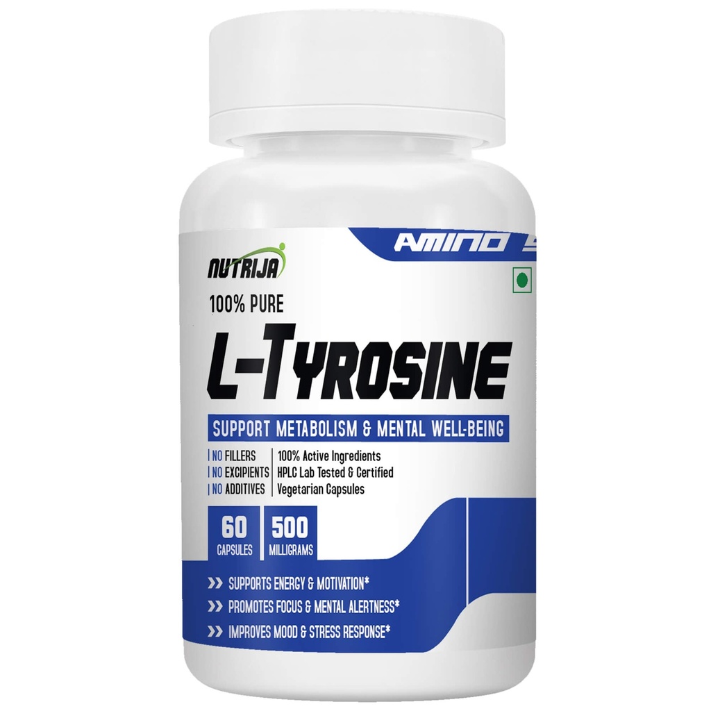 NutriJa L-Tyrosine 500mg Capsules | Free Form Amino Acid Supplement | For Focus, Mental Alertness & Active Lifestyle Routine | 60 Capsules