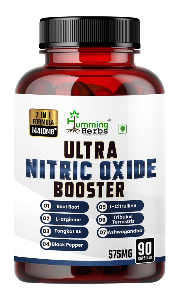 Humming Herbs ULTRA NITRIC BOOSTER - 7in1 | Beet Root, L-Arginine, Tongkat Ali, Black Pepper, L-Citrulline, Tribulus Terrestris & Ashwagandha - Enhance Energy, Performance, and Stamina - 90 Cap