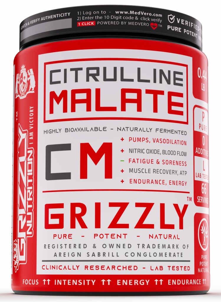 Grizzly Nutrition, Pure Citrulline Malate, no added flavor, color, True Athlete Professional Standard - Highly Bioavailable, Amino support, 200 grams 65 servings, Muscle vascularity