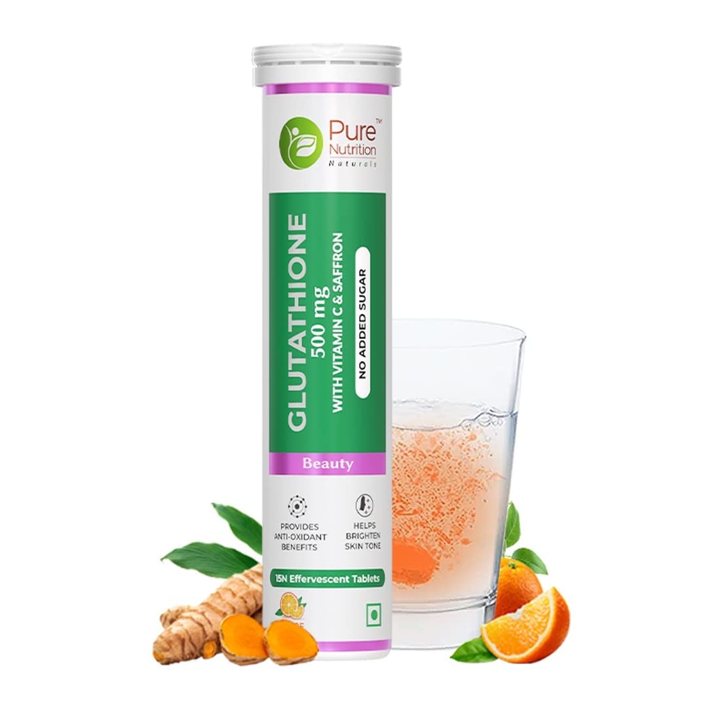 Pure Nutrition L-Glutathione 500mg 15 Effervescent Tablets for Men & Women | With Vitamin C & Saffron | Anti-Aging Antioxidants for Glowing & Clear Skin | Supports Skin Brightening, Detox & Immunity | Orange Flavour