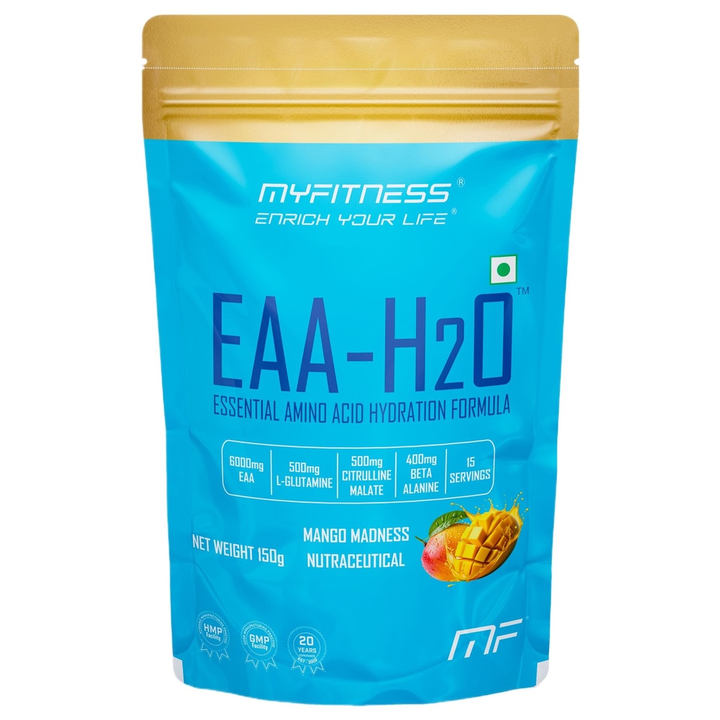Myfitness EAA Supplement For Men & Women | EAA H2O 150g | 6000mg Essential Amino Acids | Added Glutamine | Citrulline Malate | Beta Alanine | Taurine | Electrolyte Blend | (150g, Mango Madness)