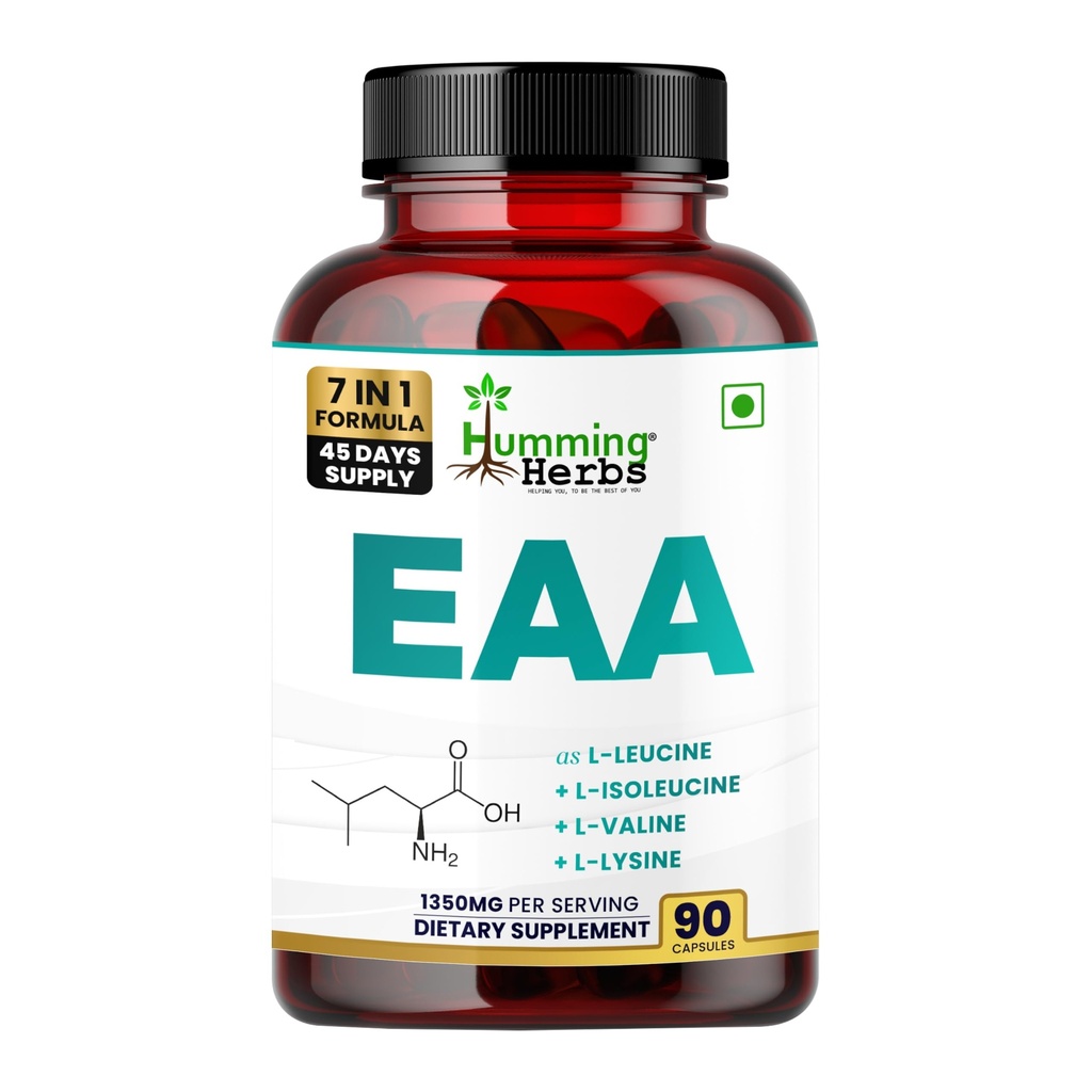 Humming Herbs EAA with Leucine, Isoleucine, Valine, Lysine, Methionine & More | 1350mg | 90 Capsules | 7-in-1 Formula | 45 Days Supply