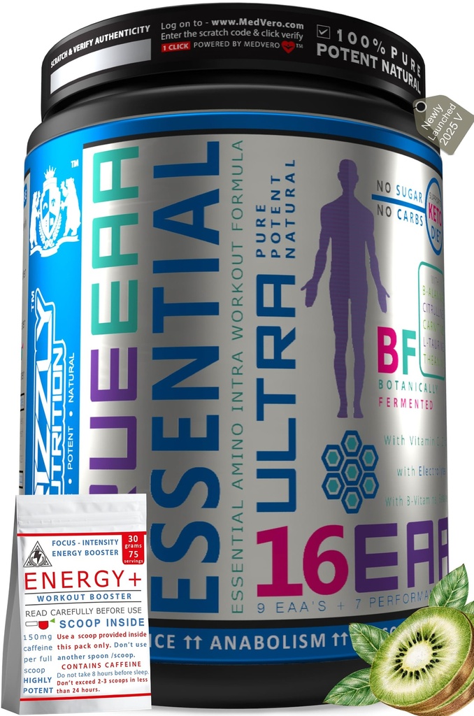 Grizzly Nutrition Total 16 EAAs, 450g + 30g Energy Caffeine Pack | EAA & BCAA Blend with Citrulline, Taurine & Performance Boosters | Platinum Grade | Kiwi Crush