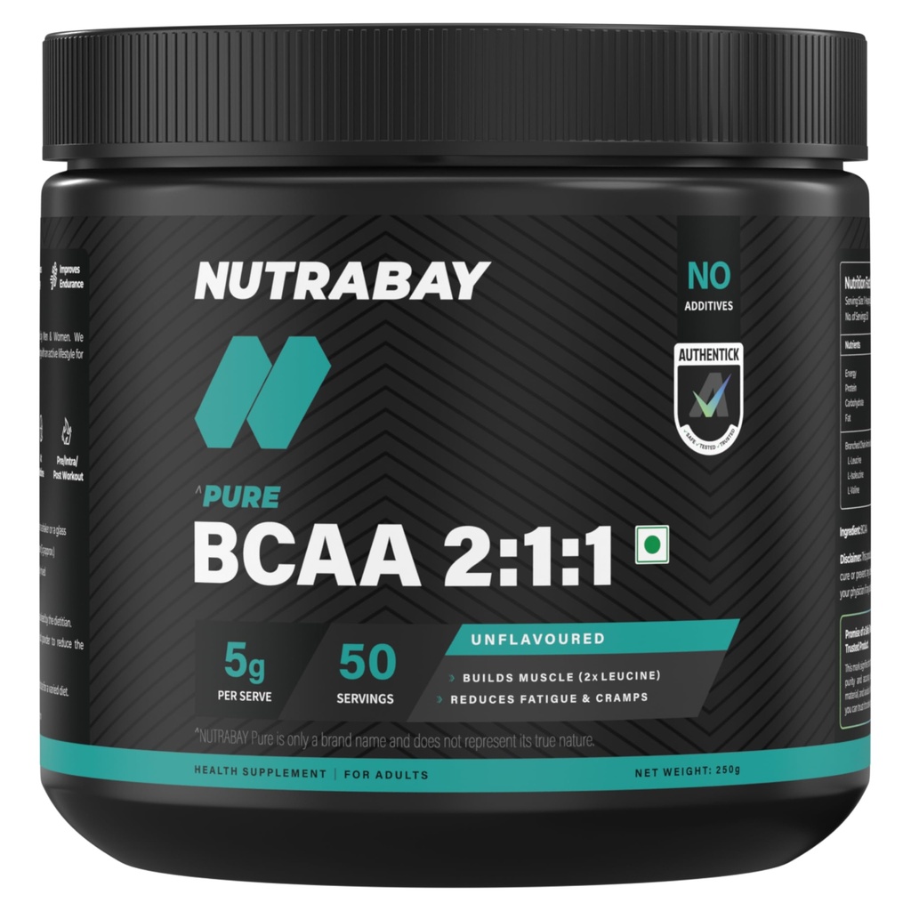 Nutrabay Pure BCAA 2:1:1-5000 mg BCAAs | Intra/Post Workout Energy Drink for Muscle Recovery & Endurance - 250g Unflavoured
