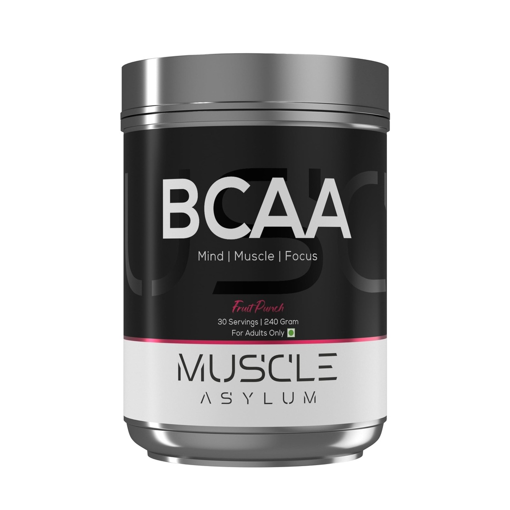 Muscle Asylum BCAA Powder | Muscle Recovery, Energy & Focus Support | Essential Amino Acids for Workout Performance (30 Servings 240g, Fruit Punch)