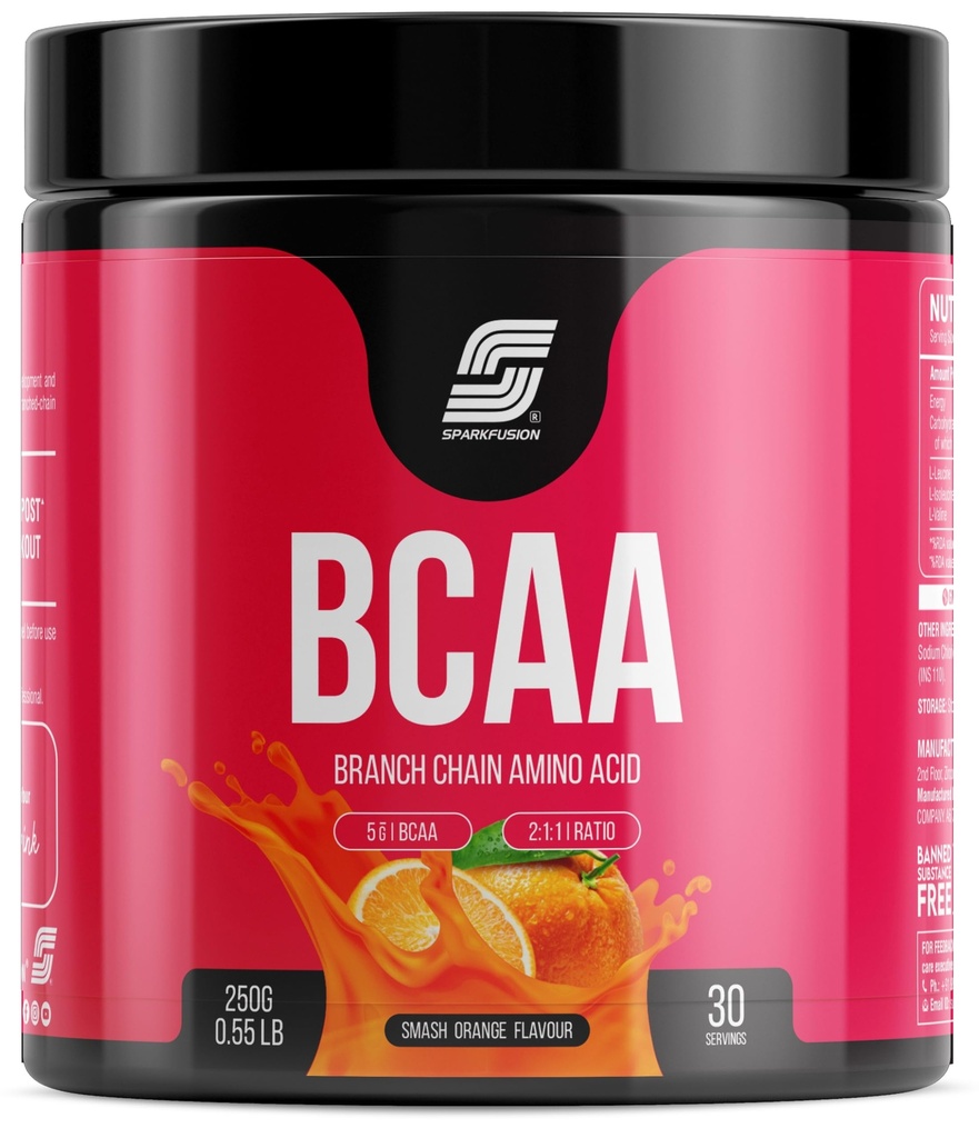 Sparkfusion BCAA Pure-Amino -250 gm (30 Servings) With Complete Ratio of 2:1:1 for Recovery & Performance Boost,Energy Powder (Smash Orange)