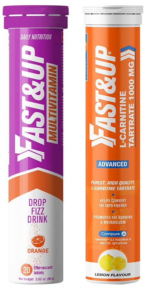FAST&UP L-Carnitine Tartrate 1000mg (20 Effervescent Tablets, Lemon Flavor) & Fast&Up Vitalize - Immunity Essential Multivitamin (20 Effervescent Tablets - Orange Flavor)