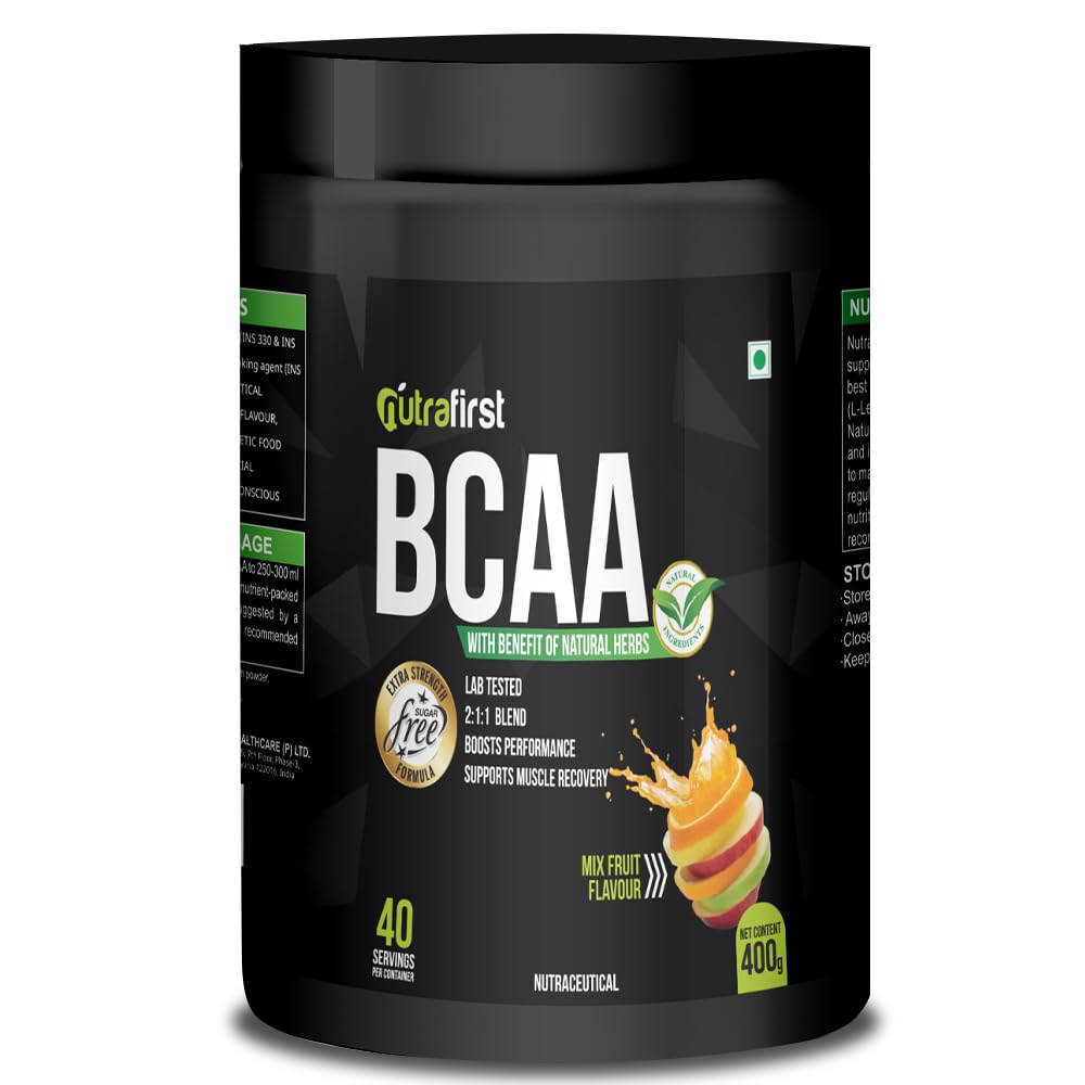 Nutrafirst Natural BCAA Powder for Men (400g, 40 Servings) – Mixed Fruit Flavor | 2:1:1 Ratio of Leucine, Isoleucine & Valine | Pre, Intra & Post Workout Recovery | Supports Muscle Growth – Pack of 1