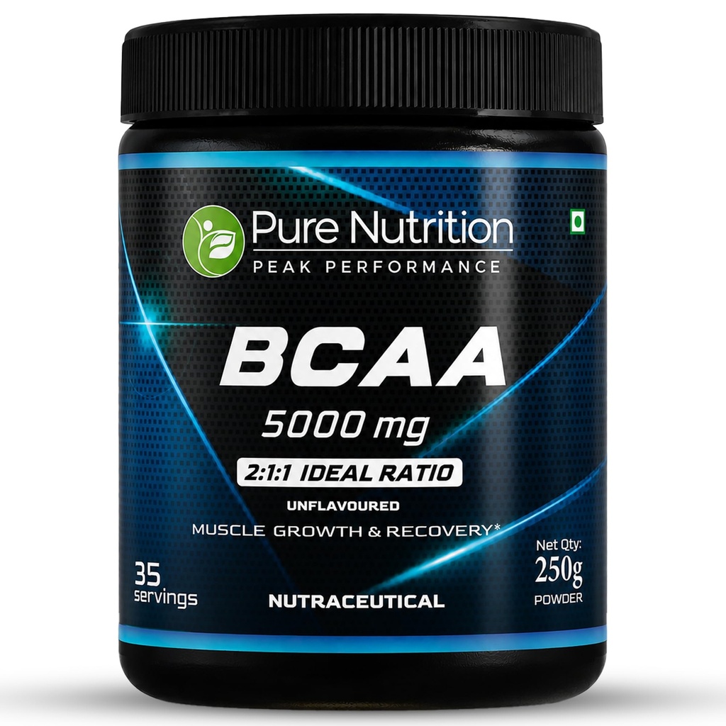 Pure Nutrition BCAA Powder 2:1:1 | 5000mg Branched Chain Amino Acids | Sugar-Free Pre & Intra Workout Supplement | Muscle Recovery & Endurance | Unflavored | 250g (35 Servings)