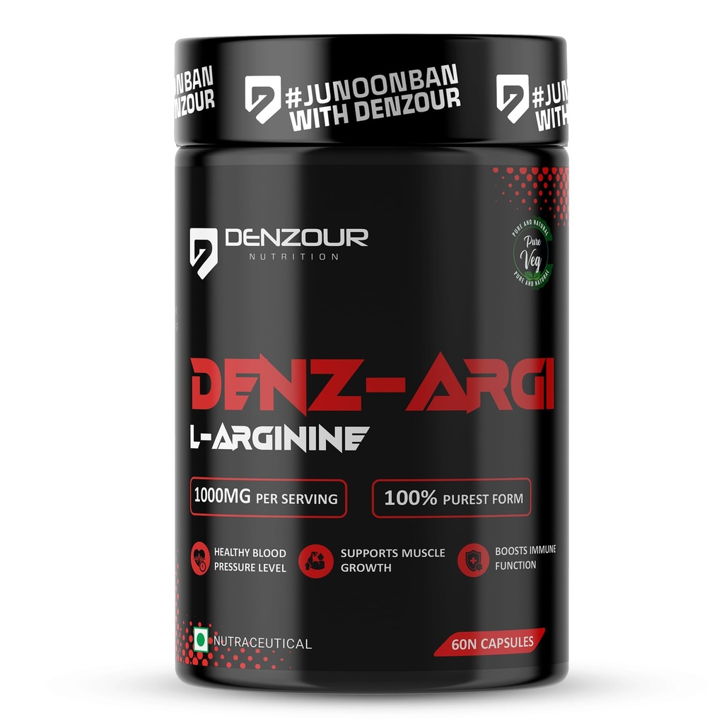 DENZOUR NUTRITION L-Arginine 1000 mg – 60 Veg Capsules | Supports Muscle Growth, Healthy Blood Pressure, Stamina & Recovery | Immune Booster & Energy for Men & Women | Heavy Training Support