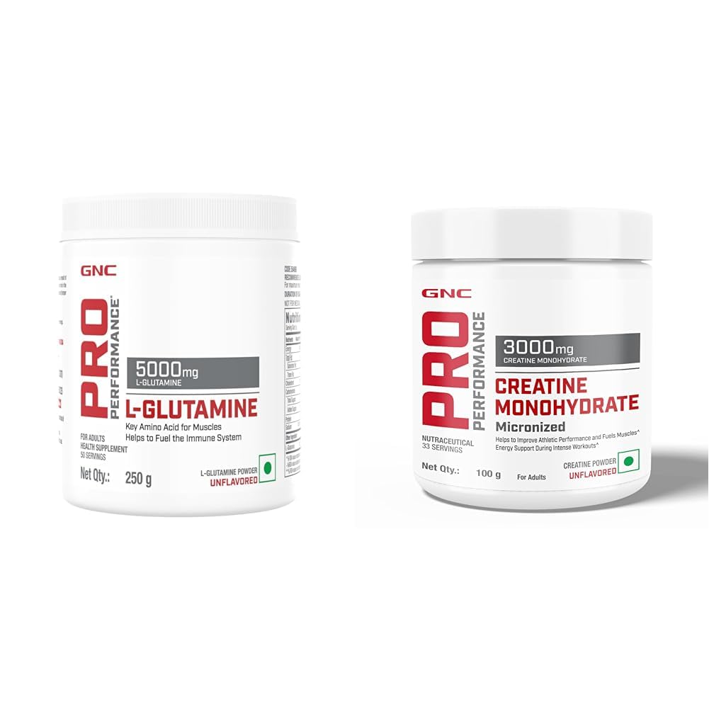 GNC Pro Performance L-Glutamine 5000 Mg - 50 Servings - 0.55Lbs, 250 Gm (Unflavor) Creatine Monohydrate, (Unflavoured, 100 Grams Powder) COMBO