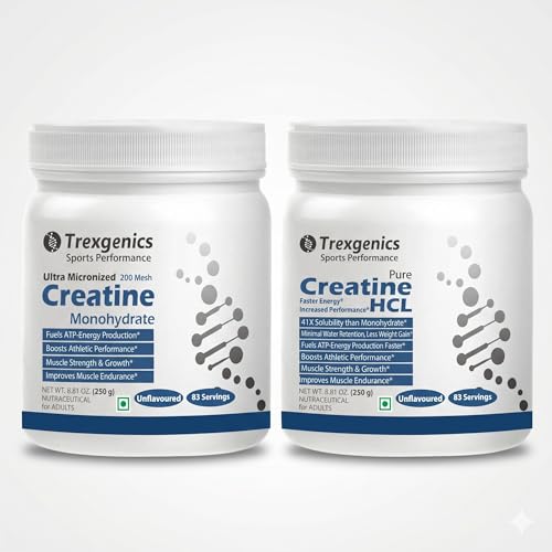 Trexgenics Micronized CREATINE MONOHYDRATE AND CREATINE HCL ULTRA PURE for Preworkout, Energy, Endurance, Performance (250 gm. 250 gm)