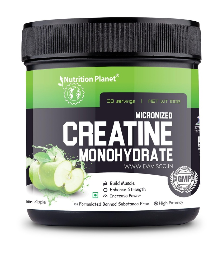 Nutrition Planet Micronized Creatine Monohydrate (Green Apple, 100g / 0.22 Lb, 33 Servings)