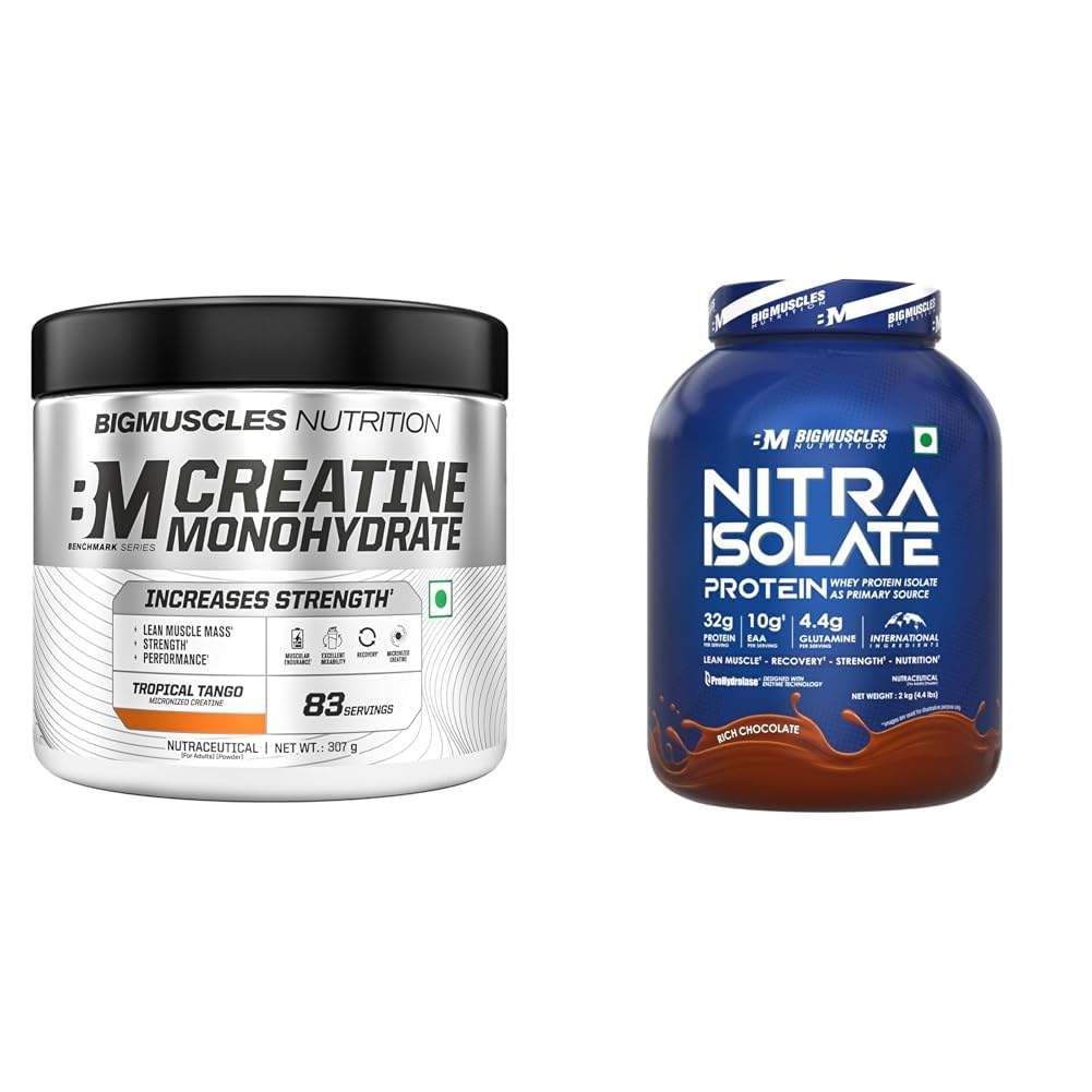 Bigmuscles Nutrition Creatine Monohydrate (83 Servings, Tropical Tango) | Micronised Creatine Powd | Bigmuscles Nutrition Nitra Isolate [2kg, Rich Chocolate] | 32g Protein | 10g EAA | Whey Protein wi