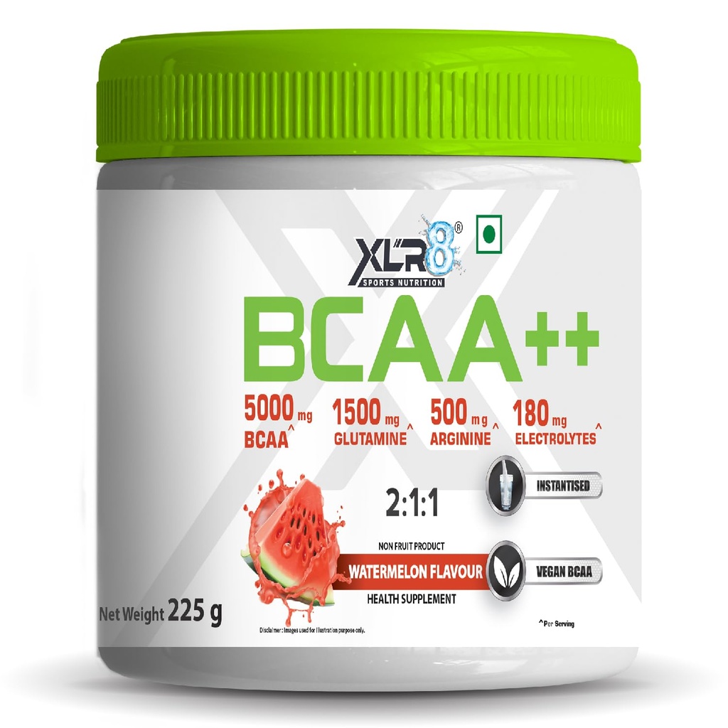XLR8 BCAA++ Powder Supplement 2:1:1 with Vegan Instantised BCAA 5000mg,1500mg Glutamine, 500mg Arginine &180 Electrolytes (225 g (Pack of 1), Watermelon)