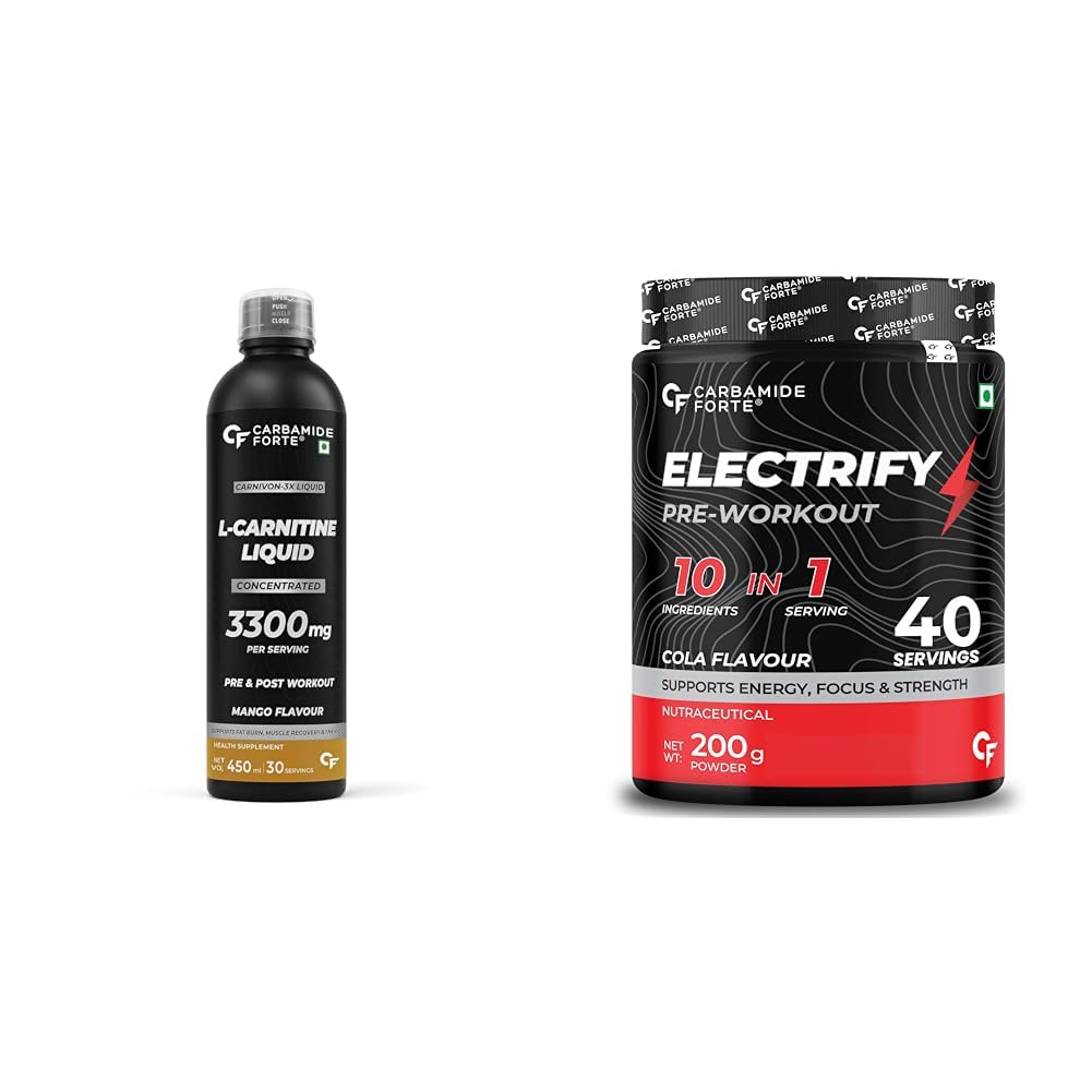 Carbamide Forte L Carnitine Liquid Pre & Post Workout Supplement & Preworkout Supplements For Men For Energy | 30 Serving 450ml Liquid + 40 Serving 200g Powder