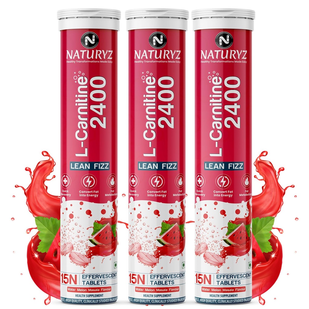 Naturyz L-Carnitine L Tartrate 2400 Mg Converts Fat Into Energy|Energy & Endurance|Performance & Recovery - 15 Capsules (Water Melon Masala Flavour),3 Count