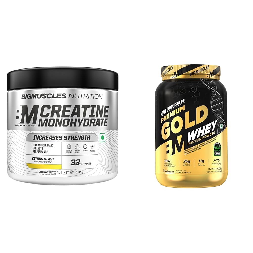 Bigmuscles Nutrition Creatine Monohydrate (33 Servings, Citrus Blast) | Micronised Creatine Powder | Bigmuscles Nutrition Premium Gold Whey [1Kilogram] Informed Choice Uk Certified Isolate Whey Prote