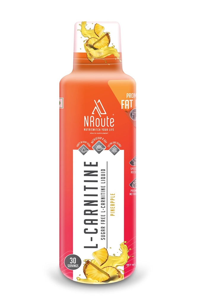 NRoute L-Carnitine Liquid 3000mg Converts Fat into Energy, Zero Sugar Fat Loss Drink, Post Workout Supplement for Muscle Growth - Pineapple 450ml