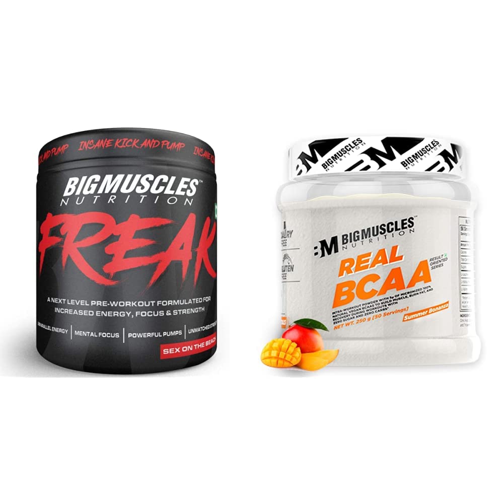 Bigmuscles Nutrition Freak Pre-Workout Sex on the Beach [30 Servings, Pack of 180g powder] & Bigmuscles Nutrition Real BCAA [50 Servings, Summer Bonanza]