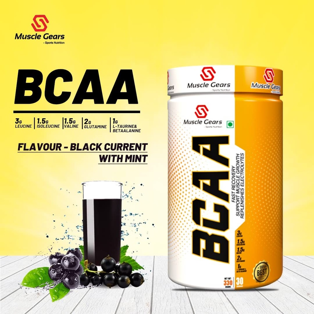 Muscle Gears BCAA 2:1:1 Powder | 150mg Electrolytes | Essential Amino Acids | Muscle Recovery & Hydration | Endurance Support | Black Currant Mint Flavor | 30 Servings | 330g