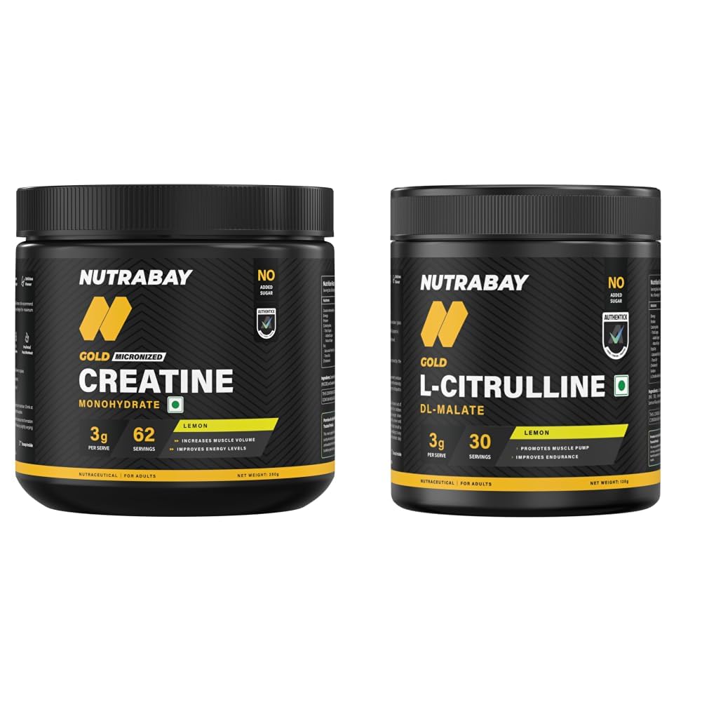 Nutrabay Gold Micronised Creatine Monohydrate Powder - 250g, Lemon and Gold Citrulline Malate 2:1 Supplement Powder 120g, Lemon Flavor