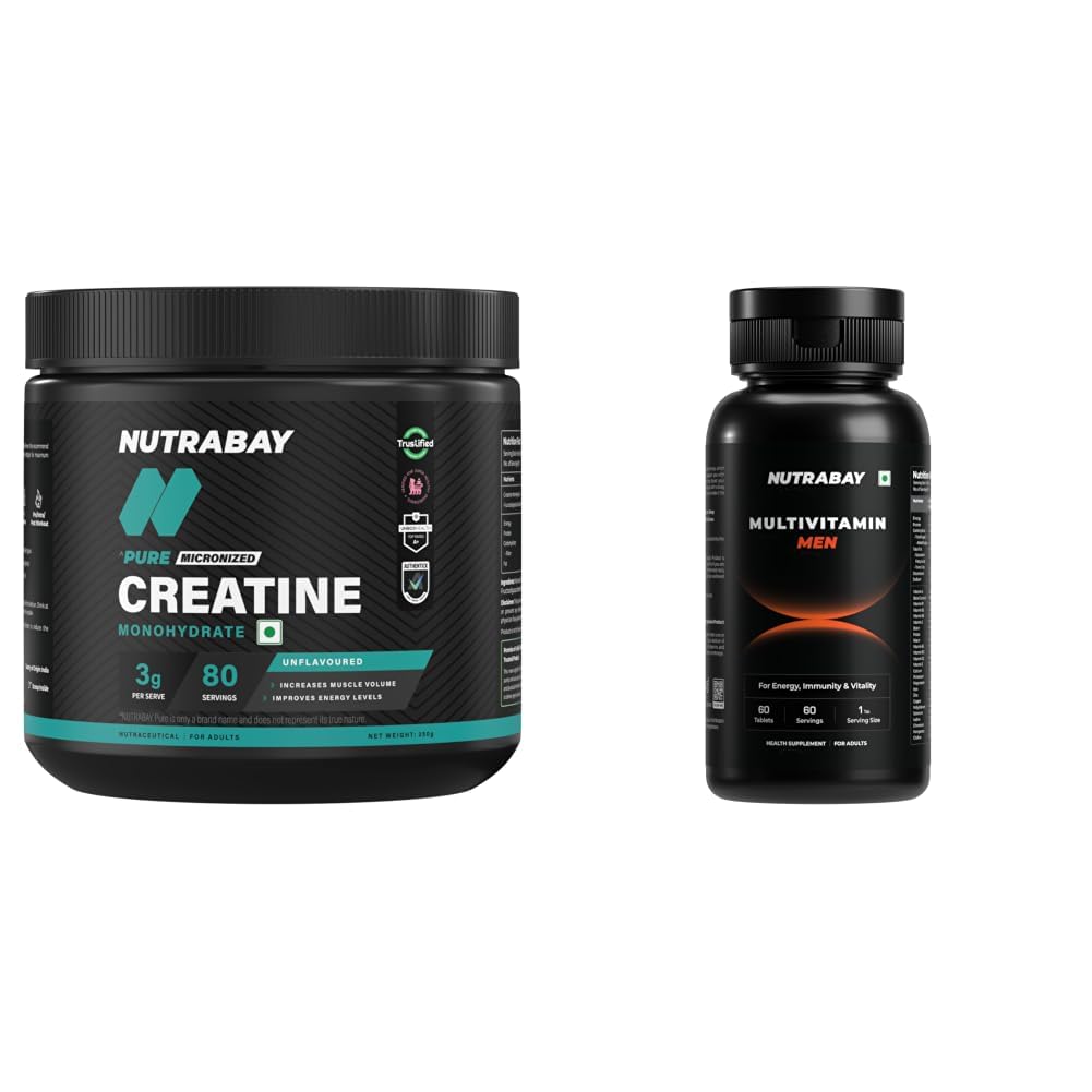 Nutrabay Pure Series Micronised Creatine Powder Monohydrate, Pre/Post Workout Bodybuilding, Crossfit Supplement, 250 g (Unflavoured) and Pro Active Multivitamin for Men - 60 Veg Capsules
