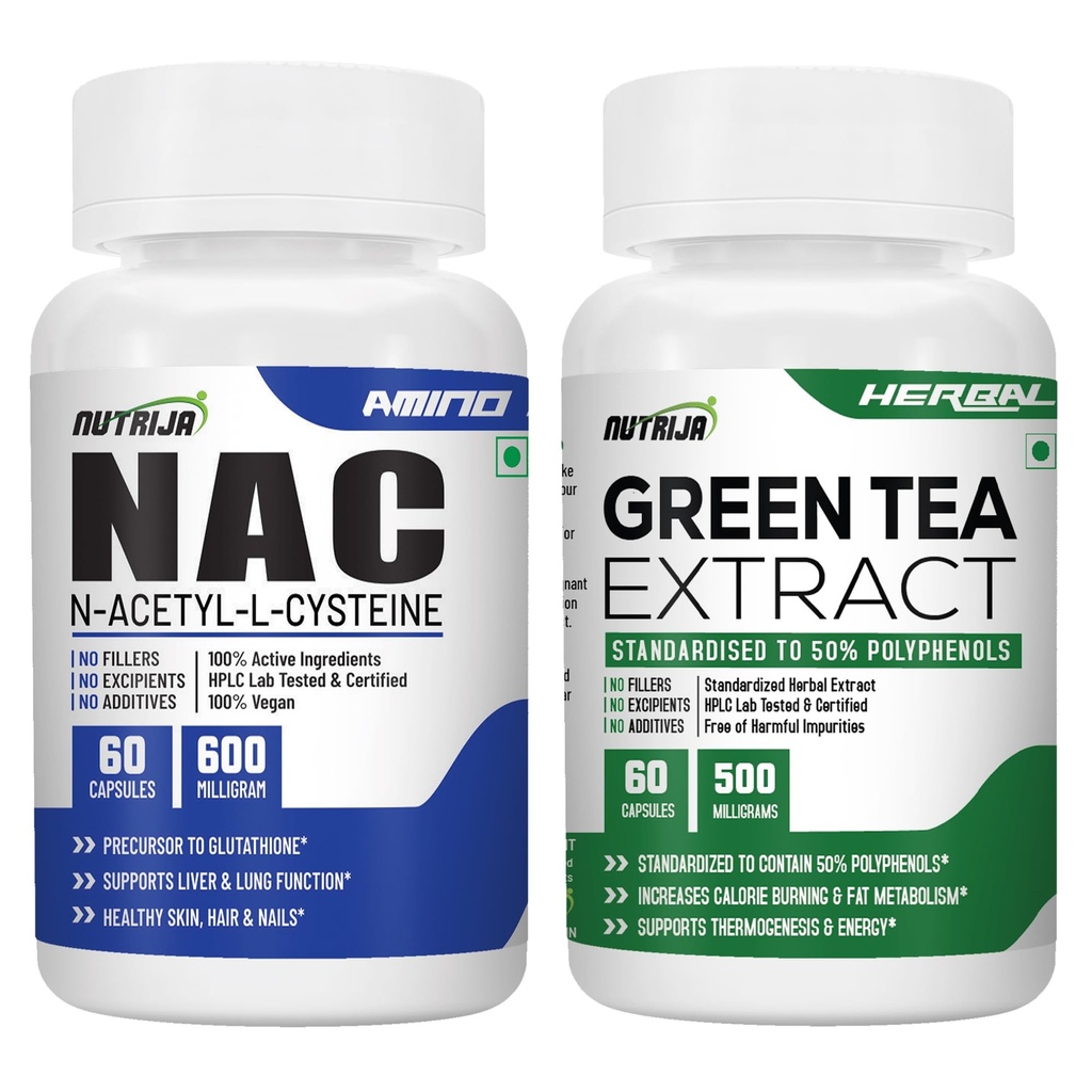 NutriJa NAC 600mg + Green Tea Extract 500mg Combo | 60 Capsules Each | Antioxidant Support Supplement Bundle