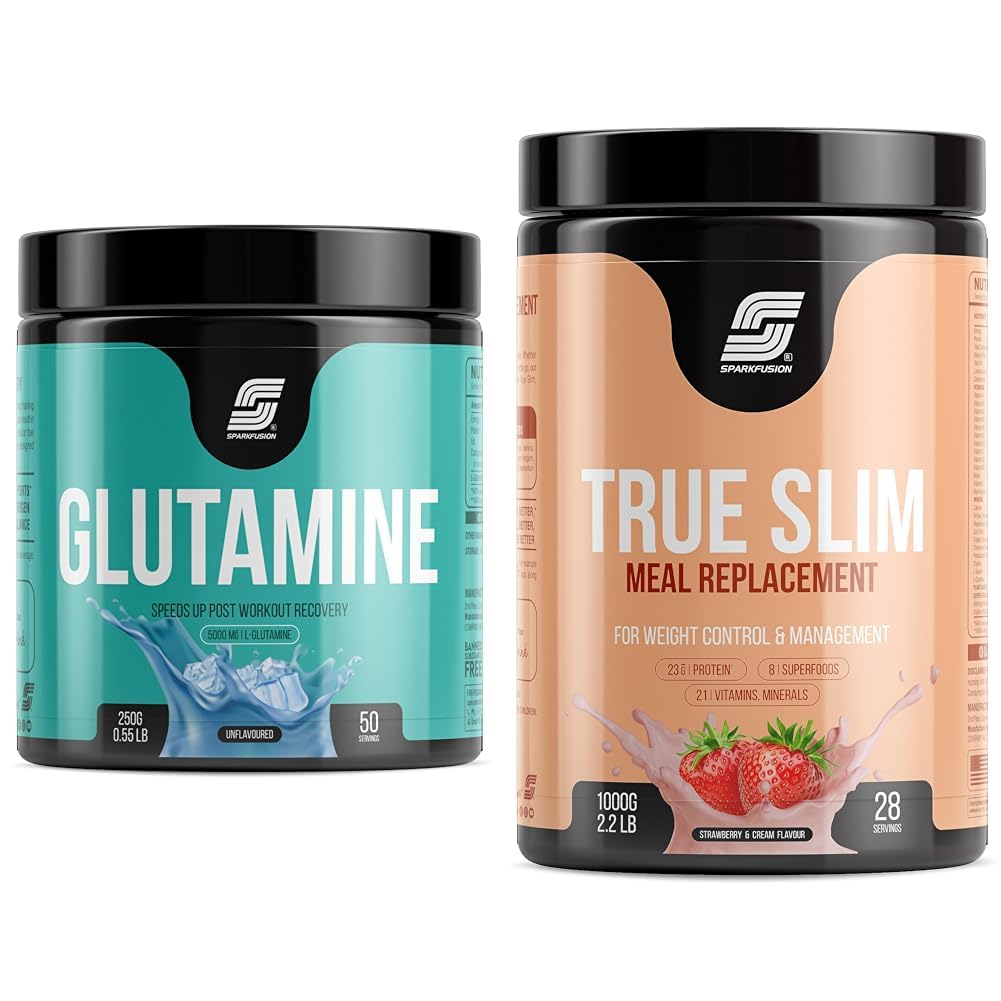 Sparkfusion L-Glutamine Powder 5000 mg (250 GM,50 Servings) For Speeds Up Post Workout Recovery Su | Sparkfusion True Slim Protein Powder Meal Replacement Shake | For Weight Control And Management |2