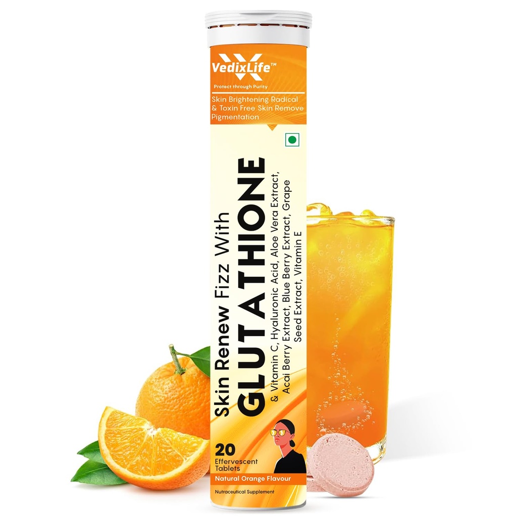 Glutathione Reduced Effervescent Tablets for Glowing Skin | 20 Tablets with 600mg L-Glutathione & Vitamin C | Antioxidant, Skin Glow Supplement for Clear Skin | Orange Flavour (Pack Of 1)