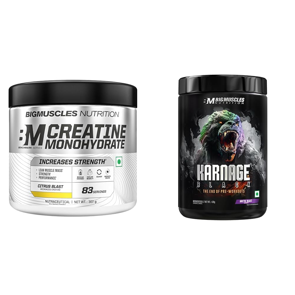 Bigmuscles Nutrition Creatine Monohydrate (83 Servings, Citrus Blast) | Micronised Creatine Powder | Bigmuscles Nutrition Karnage Black Preworkout [Arctic Blast, 420g] | Massive Pump | Laser Focus |