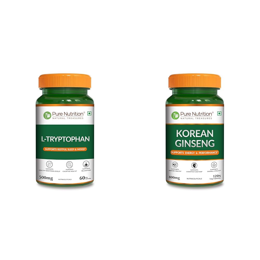 Pure Nutrition L-Tryptophan 500mg, 60 Veg Capsules | Supports Relaxation, Stress Relief, Sleep Qua | Pure Nutrition Korean Ginseng 800mg - 120 Capsules | Red Panax Ginseng Supplement for Men and Wome