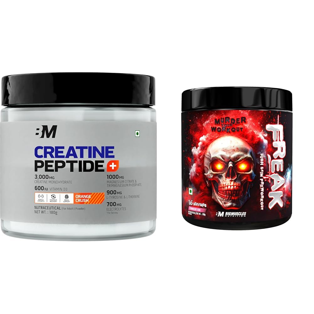 Bigmuscles Nutrition Creatine + Peptides [180g, Orange Crush] | Creatine Powder with Superior Grad | Bigmuscles Nutrition Freak (16 Servings, Strawberry Kiwi) | 100g